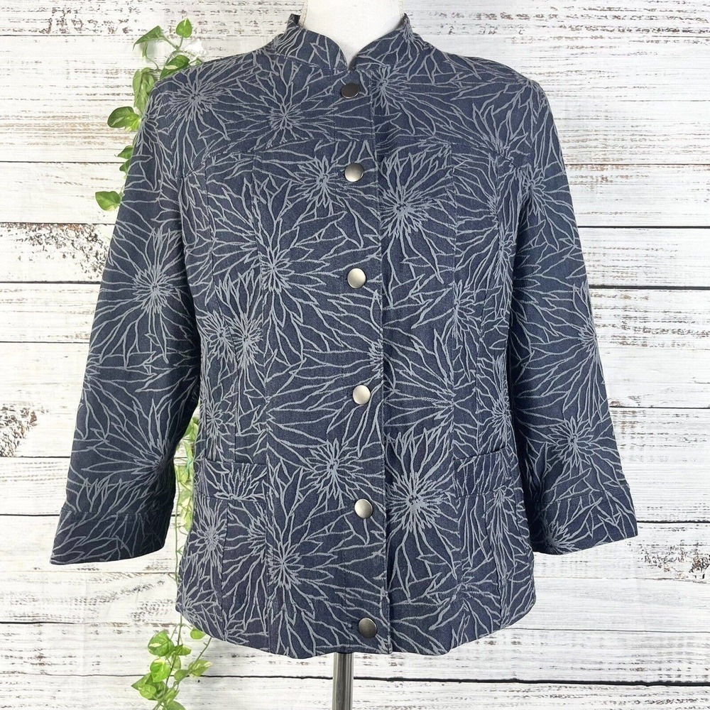 JM Collection Blazer Jacket size 6 Denim Jean Blue Floral Stretch Career Casual
